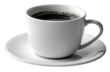 Fresh Black Coffee in White Cup on Saucer, Isolated on White