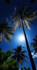 Bright moonlight filters through palm trees under a clear night sky in a tropical paradise