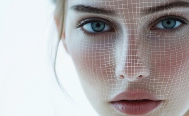 Digital art depicting a close-up view of a woman's face with a grid overlay, representing technology and beauty