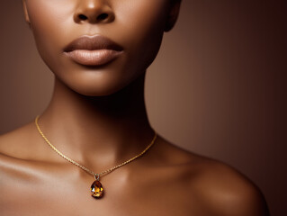 Close-up beauty shot of a dark-skinned model wearing a golden necklace with a glowing citrine gemstone, rich warm lighting, minimalist background