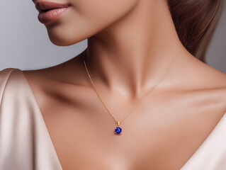 Delicate golden necklace with a radiant blue sapphire gemstone, on the neck of an elegant model. soft pastel background, natural highlights on skin and metal, cinematic light