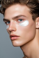 Young male model showcasing skincare treatment with under-eye patches for hydration