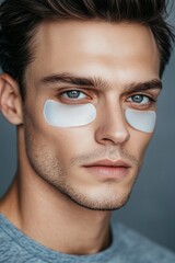 Young man applying under eye patches for skincare routine at home in the morning light