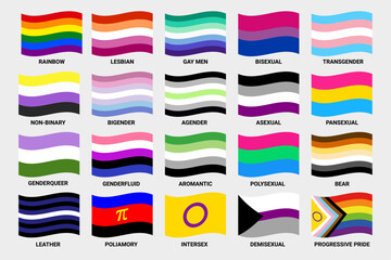 Waving LGBT pride flags collection. Rainbow lesbian gay bisexual transgender non binary. Vector format.	