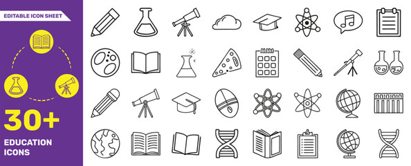 30+ Education Icons – Editable Vector Set of School, Learning, Science, and Classroom Symbols

