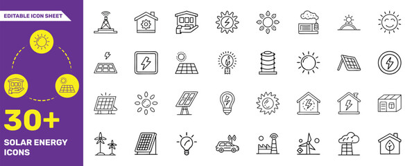 30+ Solar Energy Icons – Editable Vector Set of Renewable Power, Solar Panels, and Eco Energy Symbols