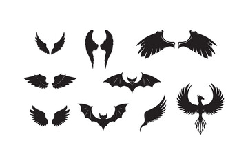 Obraz premium Black Silhouette Wings Bats Phoenix Game Elements vector icons set design illustrations