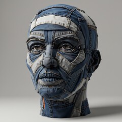 Human head sculpture crafted from used clothes and denim—artistic symbol of recycling, environment, and sustainability.