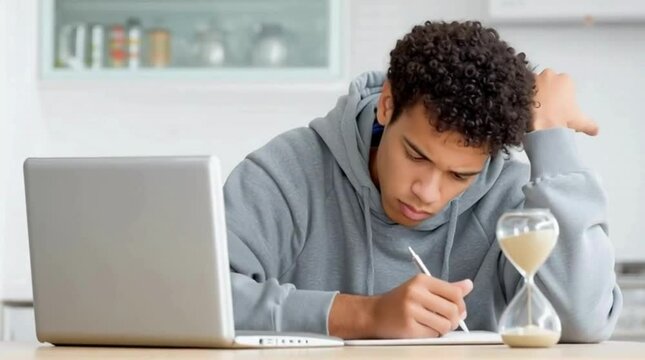 Student Working with Laptop, Hourglass, and Notes