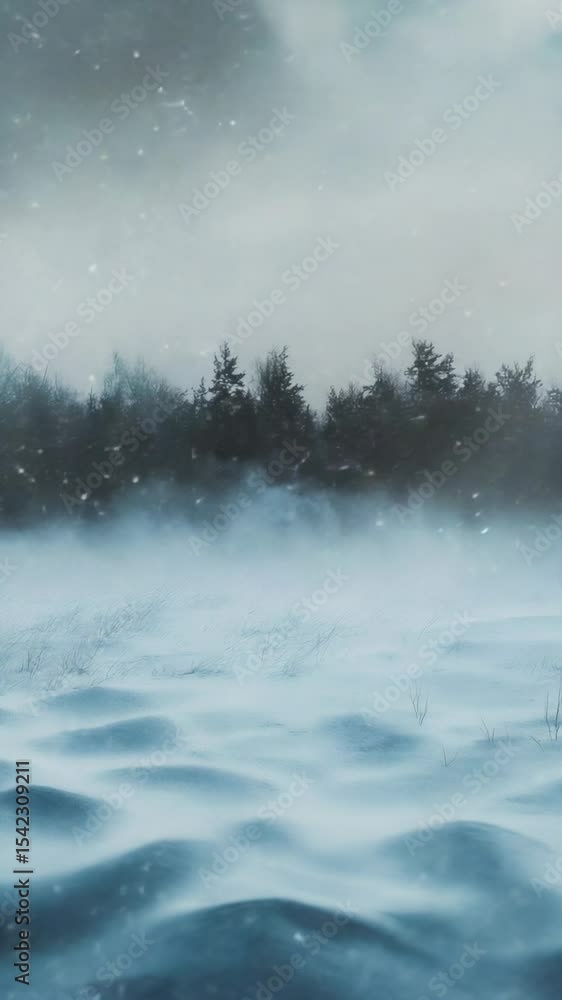 Poster a serene winter scene featuring a snowy lake and surrounding trees