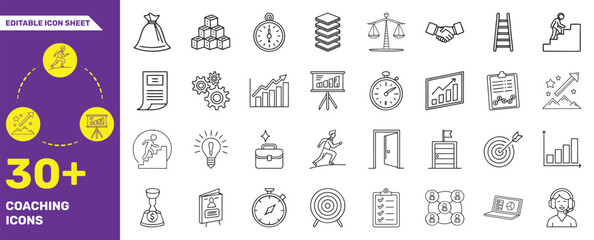 Coaching Icons Set – 30+ Line Art Vector Illustrations of Training, Growth, Goal Setting & Mentoring