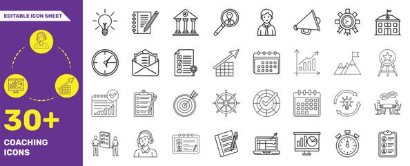 Coaching and Mentoring Icon Set – 30+ Editable Line Icons for Business, Education & Personal Growth