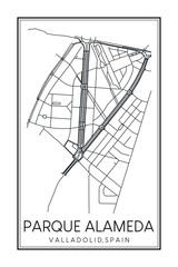 Hand drawn printable downtown road map poster of district PARQUE ALAMEDA of the Spanish city of VALLADOLID on solid white background with city name