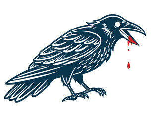 Fototapeta premium Dark raven illustration featuring blood dripping beak in traditional tattoo style, conveying sinister gothic aesthetic with vintage graphic elements