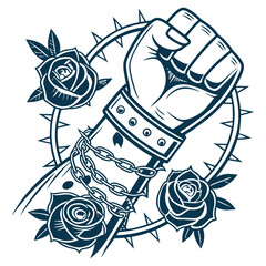 Old school tattoo style clenched fist wrapped in chain, decorated with rose and thorn tattoos, featuring bold outlines and classic shading emphasizing strength and struggle.