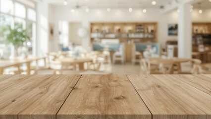 Empty light wooden tabletop in blurred bright cafe restaurant background