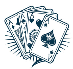 Old school tattoo style playing cards set showing ace of clubs, diamonds, hearts, spades with bold outlines and vintage shading, reflecting classic gambling and retro design elements