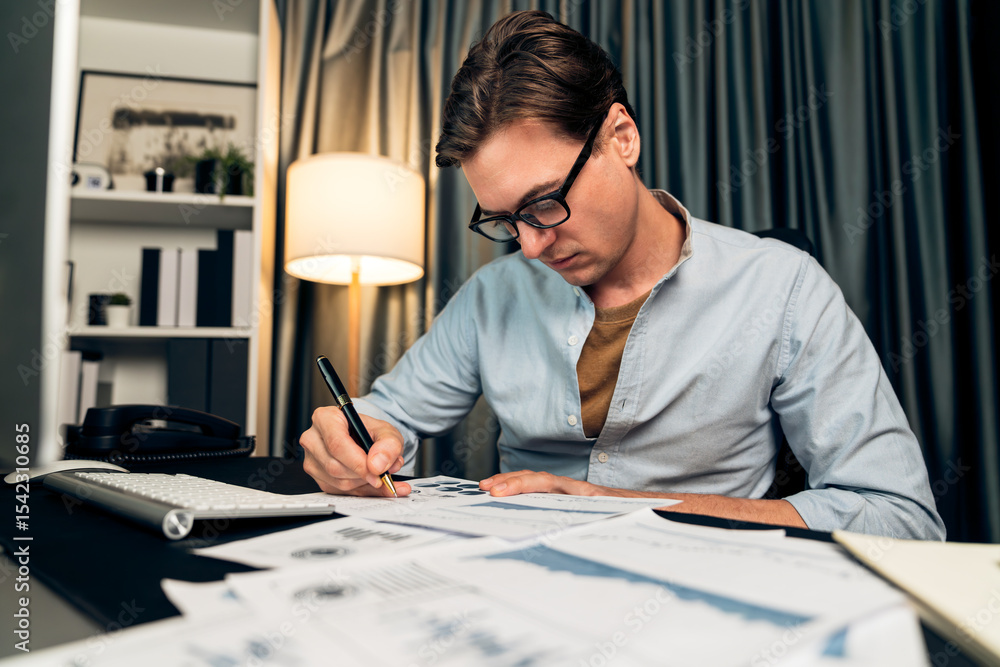 Poster thinking smart businessman surrounded paperwork report paragraph dynamic database analyzing to prese