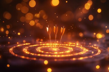 Three Golden Arrows Hit Bullseye Target, Glowing Sparkles, Success, Achievement, Focus, and Goal Concept.