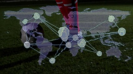 soccer player tapping ball causing tech overlay pulsing map nodes highlighting sports data - Powered by Adobe
