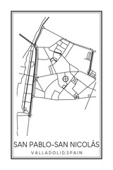Hand drawn printable downtown road map poster of district SAN PABLO-SAN NICOLÁS of the Spanish city of VALLADOLID on solid white background with city name