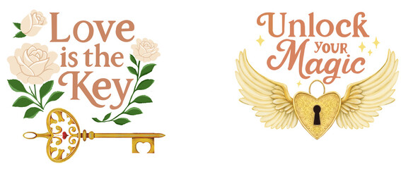 Inspirational illustrations featuring romantic and magical quotes with key and lock motifs—“Love is the Key” with roses and “Unlock Your Magic” with a winged heart lock.