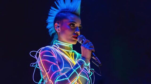 Vibrant neon performance by punk singer with electric mohawk on stage