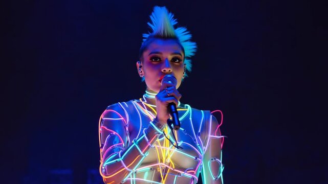 Neonclad performer singing with vibrant light display on stage