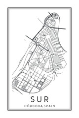 Hand drawn printable downtown road map poster of district SUR of the Spanish city of CÓRDOBA on solid white background with city name