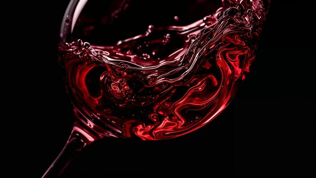 Close up shot of red wine swirling in a glass against a dark background creating an abstract effect