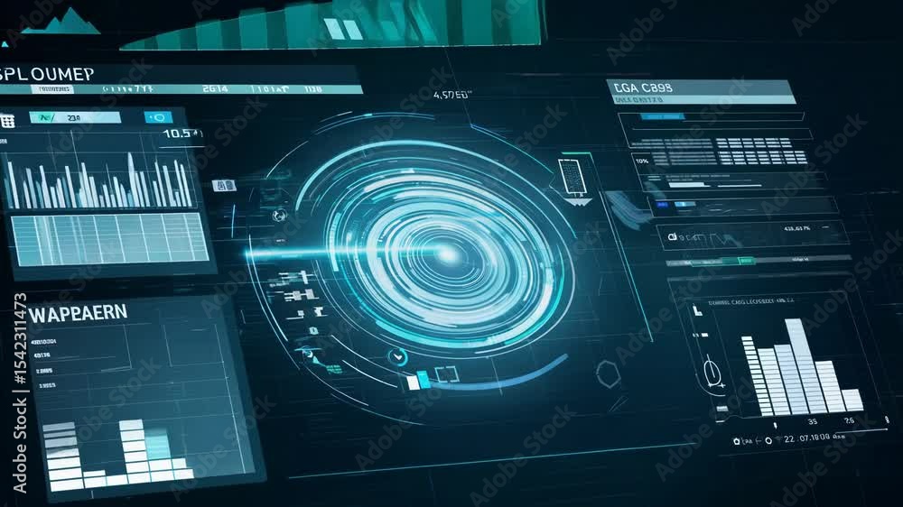 Aufkleber Futuristic digital interface screen with data visualizations and sci-fi HUD graphics. Generated AI