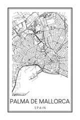 Hand drawn printable downtown road map poster of the Spanish city of PALMA DE MALLORCA on solid white background with city name