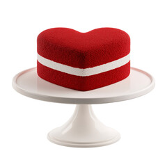 3D red heart-shaped cake on a white stand, isolated on a transparent background, PNG file.