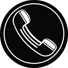 vintage telephone receiver icon in circular frame, black and white vector symbol for communication, contact, and customer service design