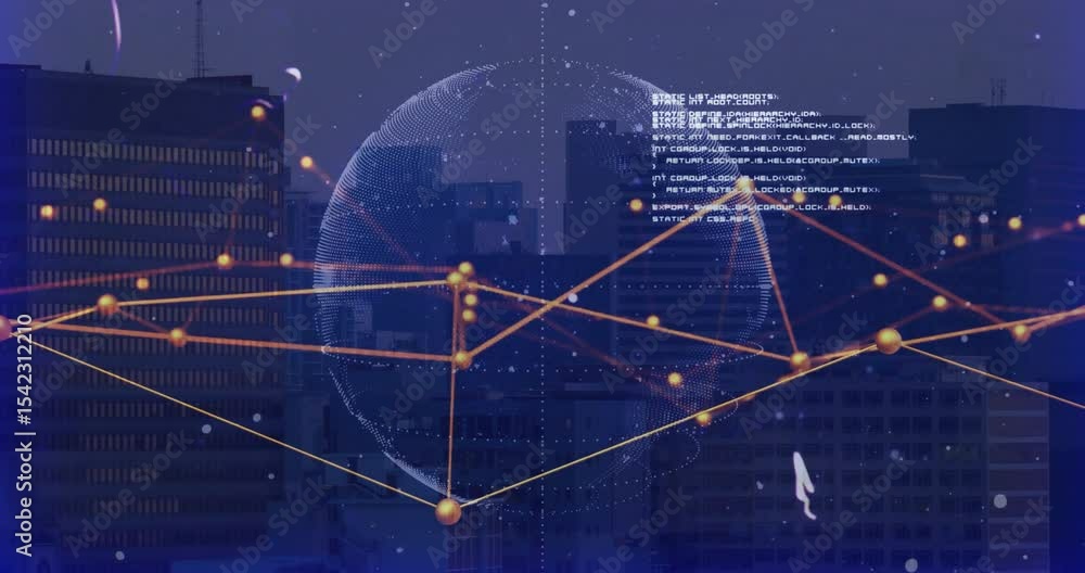 Poster wireframe globe forming triggers nodes appearing, lines connecting, code fading into data network