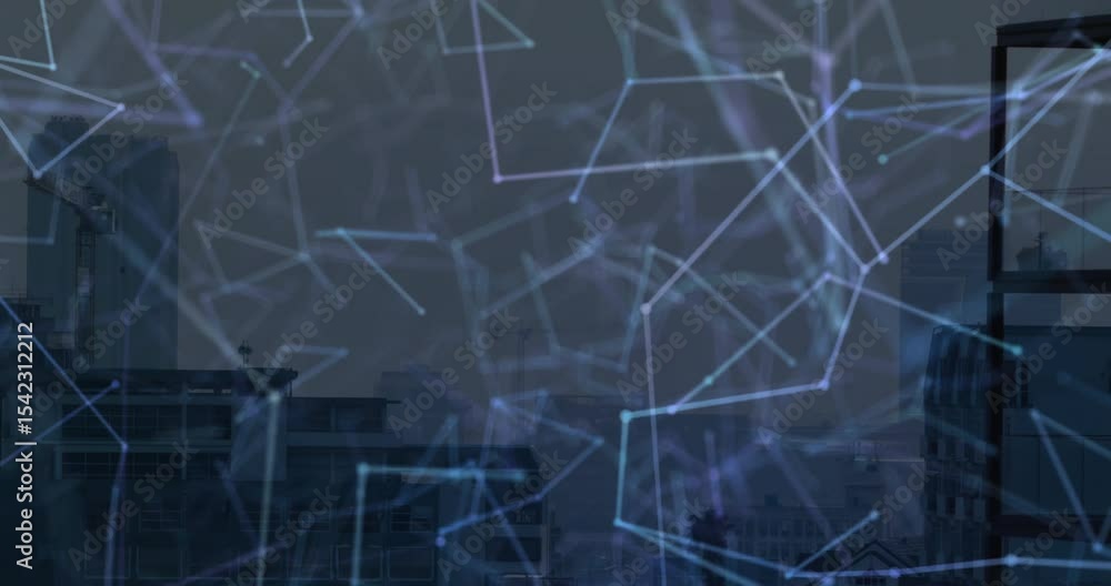 Poster glowing blue network fading in over skyline pulsing and connecting nodes to show urban data flow
