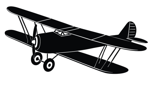 A black biplane silhouette isolated on white background