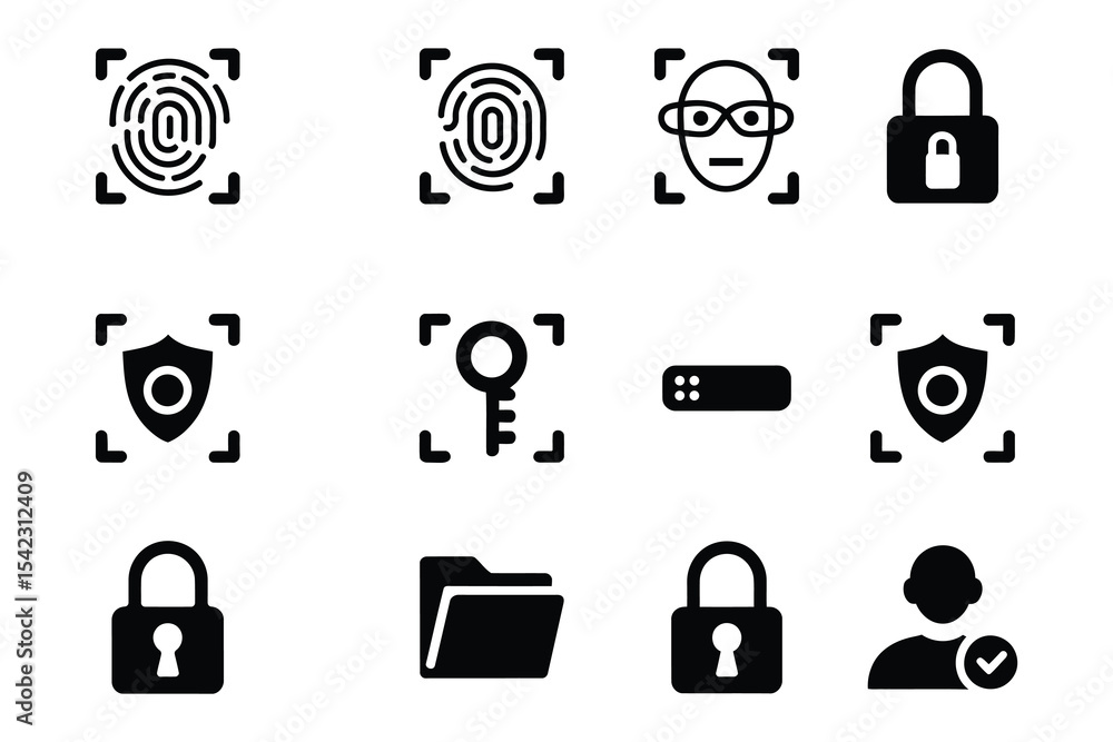 Poster security icon set fingerprint face id and grid layout