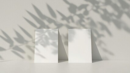 Two blank white cards mockup with plant shadow on light grey wall