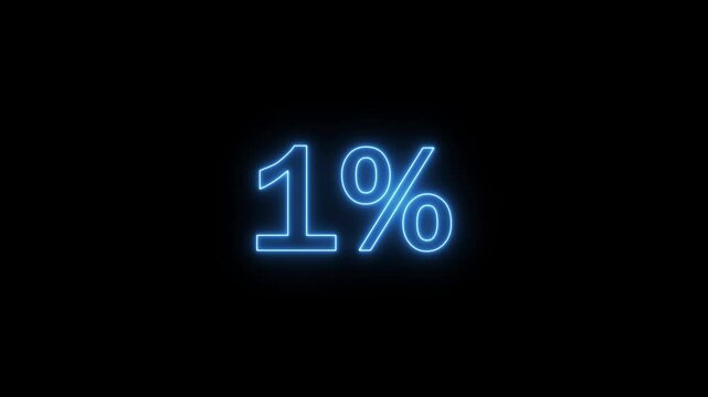 glowing neon 1% text neon animation. Neon number with alpha channel. colorful sign animation on a black background.