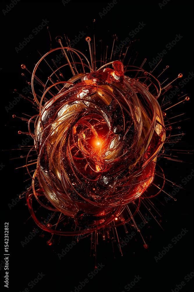 Poster abstract rendering of a swirling golden object with a bright light at the center on black background