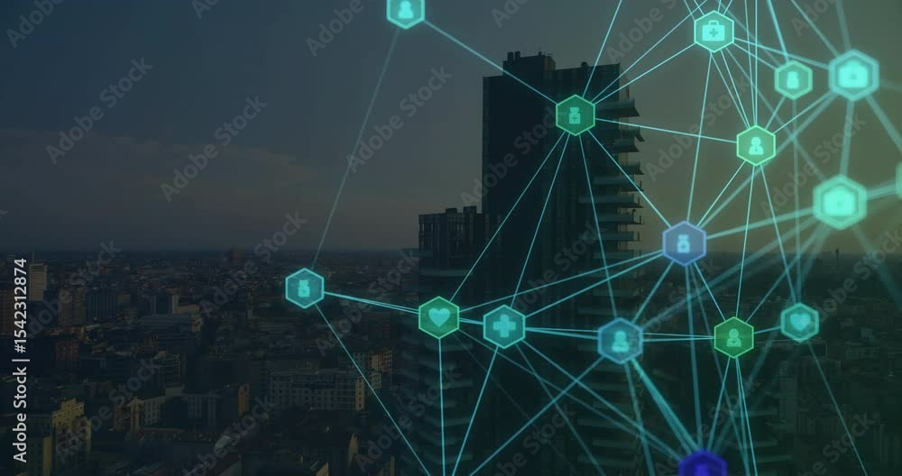 Poster aerial view opening overlay fading across skyline nodes pulsing, linking, visualizing data traffic