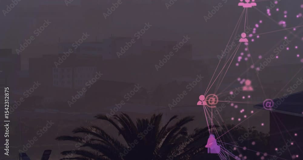 Poster pink network fading in over rooftop dusk skyline, pulsing nodes extending showing connectivity