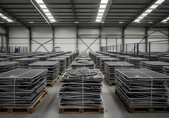 A large warehouse filled with neatly stacked solar panels on wooden pallets. The industrial setting features high ceilings and organized rows of solar panels, showcasing renewable energy technology.