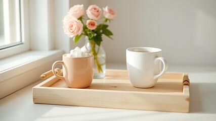 Obraz premium Cozy morning coffee and marshmallows with roses