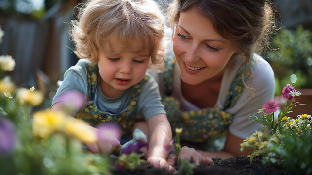 Mother and child bonding through gardening activities in spring