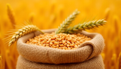 Golden wheat grains spill from a burlap sack, a symbol of harvest and rural bounty.