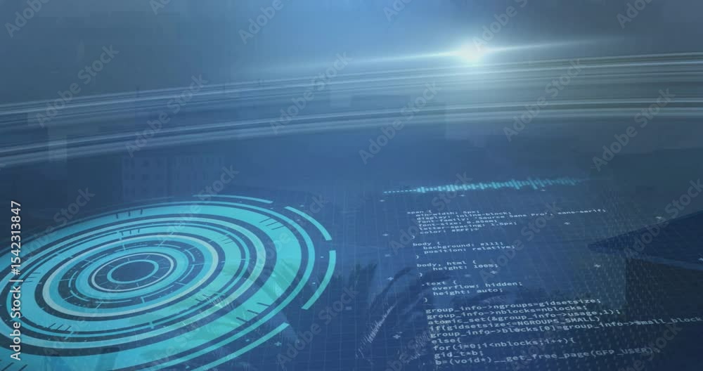 Poster lens flare emerging causing holographic circle pulsing, code text scrolling across grid plane