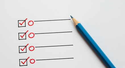 Checklist on white paper with red check marks and blue pencil concept