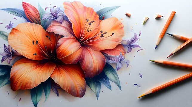 Watercolor Lilies Digital Artwork with Pencil Sketch Elements